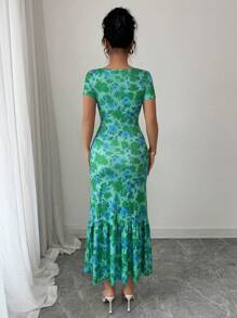 Elenzga French Elegant Flower Print Ruffle Hem Midi Dress, Short Sleeve - Green - View 2