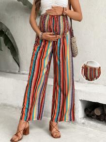 SHEIN Maternity Colorful Striped Wide Leg Casual Pants With Waist Drawstring - Multicolor - View 1