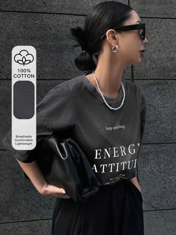 DAZY Slogan Graphic Drop Shoulder Tee Keep Smiling ENERGY ATTITUDE See For Good Time For Happiness Oversized T-Shirt