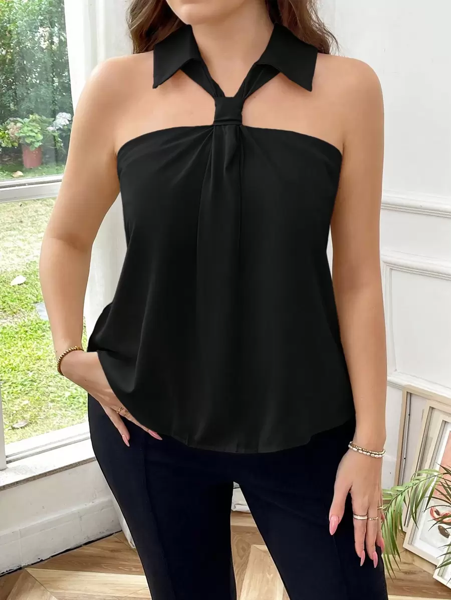 SHEIN Privé Áo cánh không tay dáng ôm cổ thanh lịch cho nữ đi làm đi chơi ngày lễ cỡ lớn, mùa xuân/hè - màu đen - Xem 1