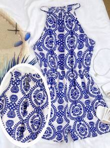 SHEIN Bộ đồ liền thân hở lưng in họa tiết hình học màu xanh và trắng cho bé gái tuổi teen, phù hợp cho phong cách đi nghỉ - Xanh và trắng - Xem 3