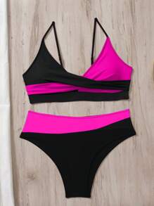 SHEIN Swim Spring Break Women Summer Beach Contrast Color Cross Backless Sexy Bikini Swimwear Set - Multicolor - View 3
