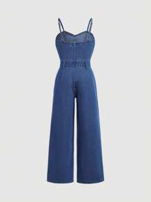 SHEIN Girlism Tween Girls Fall Clothes Fashion Casual Cute Bowknot Plaeated Spaghetti Strap Denim Jumpsuit With Wide Leg Pants