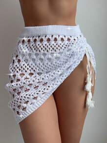 Swim Lushoire Women's White Knitted Tassel Drawstring Sequin Hollow Out Elegant Beach Skirt Coverup