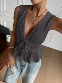 SHEIN Frenchy Women's Textured Deep V-Neck Front Tie Sexy Cami Tank Top Summer Casual - Dark Grey - View 6