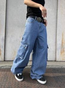 Manfinity EMRG Men's Letter & Tiger Pattern Cargo Pocket Denim Bib Overalls - Light Wash - View 5