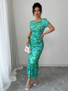 Elenzga French Elegant Flower Print Ruffle Hem Midi Dress, Short Sleeve - Green - View 6