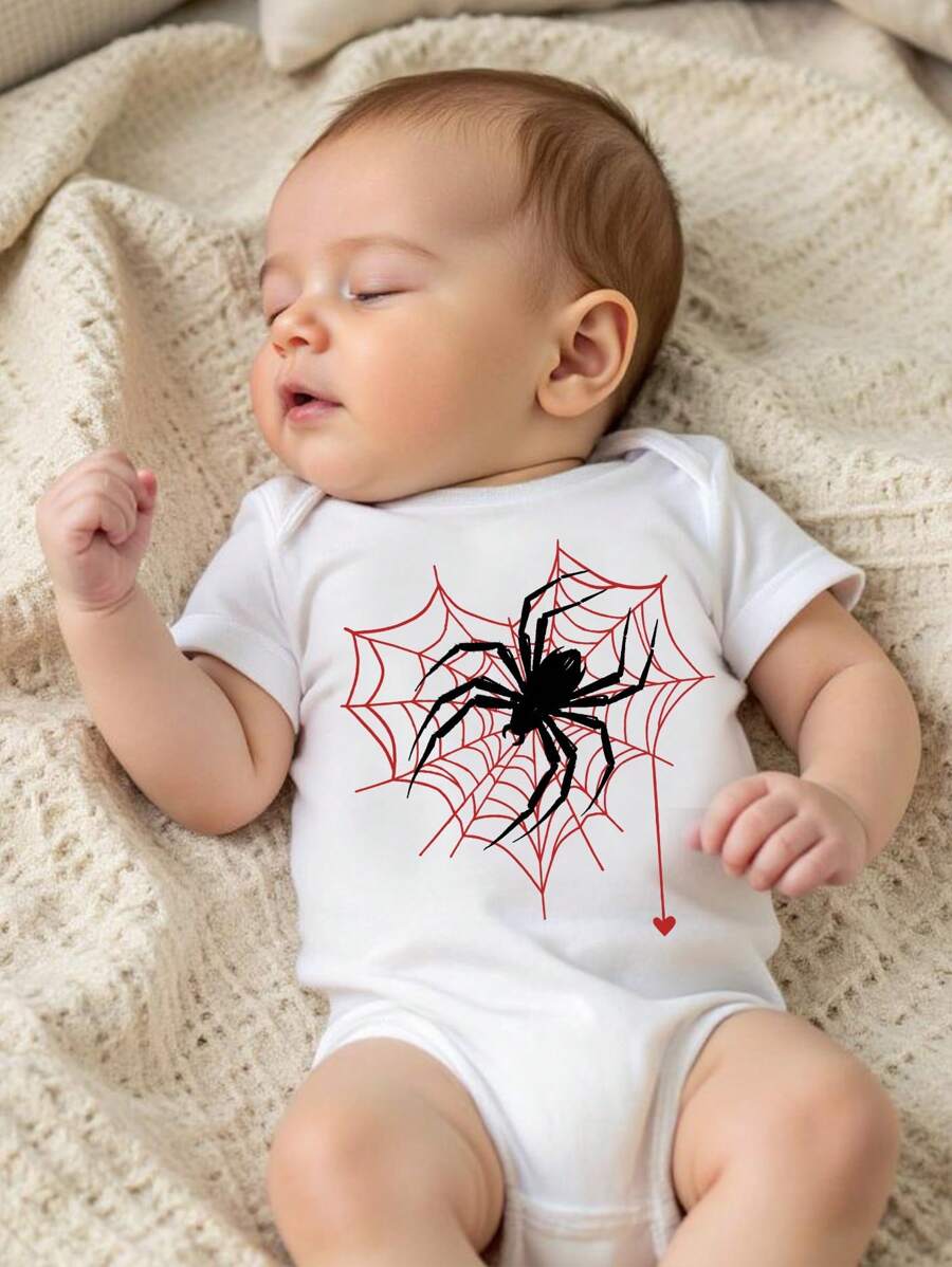 3件套男婴休闲创意蜘蛛网和蜘蛛图案印花圆领短袖连体衣，亲子装（单独出售） - 白色 - 查看 1
