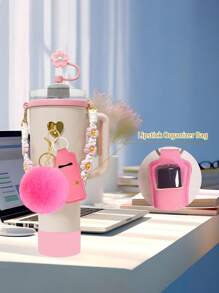 7pcs Cup Handheld Rope Pendant Silicone Flower Straw Hat Plush Ball Pendant Cup