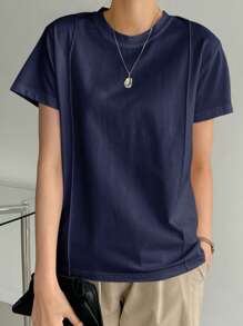 Dazy-Less 女士夏季纯色圆领短袖休闲T恤老款商务休闲女工作服 - 藏蓝色 - 查看 4