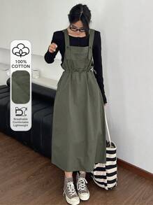 DAZY 女式抽绳腰贴袋工装裤连衣裙、返校服、秋季连衣裙、长袖连衣裙 - 軍綠色 - 查看 1