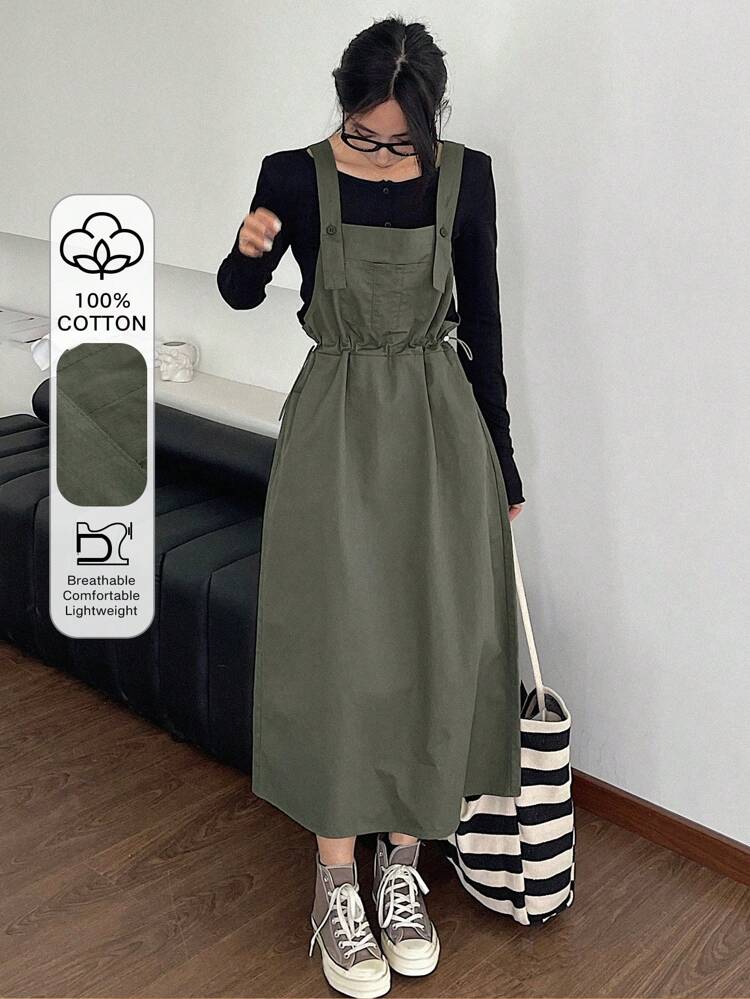 Women'S Drawstring Waist Patch Pocket Overalls Dress,Back To School Clothes,Fall Dress Long Sleeve Dress