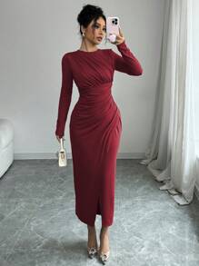 Elenzga Elegantes Damen Unifarben Arbeitskleid, figurbetonter Form, Rundhalsausschnitt, umklappbarem Kragen, Langarm, Bodycon-Stil, Maxikleid für Frühling/Herbst/Winter