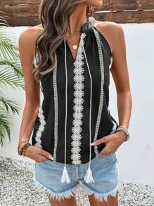 SHEIN LUNE Women's Lace Trim V-Neck Halter Shirt