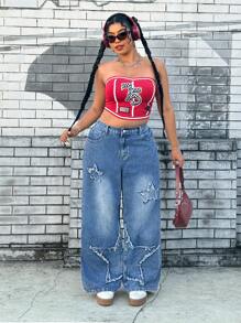 SHEIN ICON Plus Size Women Five-Starred Fringes Decor Pockets Loose Relaxed Fit Jeans - Blue - View 4