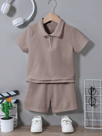 SHEIN 2pcs Young Boy Casual Ribbed Half-Open Collar Shirt And Shorts Set, Suitable For Summer Outdoor Occasions, Minimalist And Comfortable, School, Campus, College