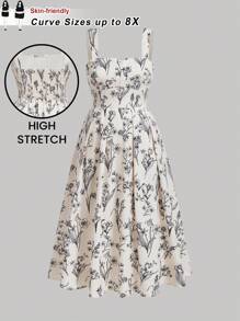 SHEIN CURVE+ Plus Size Apricot Base Black Retro Printed Maxi Dress With Adjustable Spaghetti Straps, Flared Hem, Suitable For Holiday And Summer Wear Boho Vacation,Beach Dress Sundress,Holiday Outfits - Multicolor - View 1