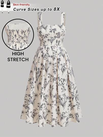 SHEIN CURVE+ 加大码杏色底黑色复古印花长裙，配有可调节细肩带、喇叭下摆，适合假期和夏季穿着波西米亚风度假