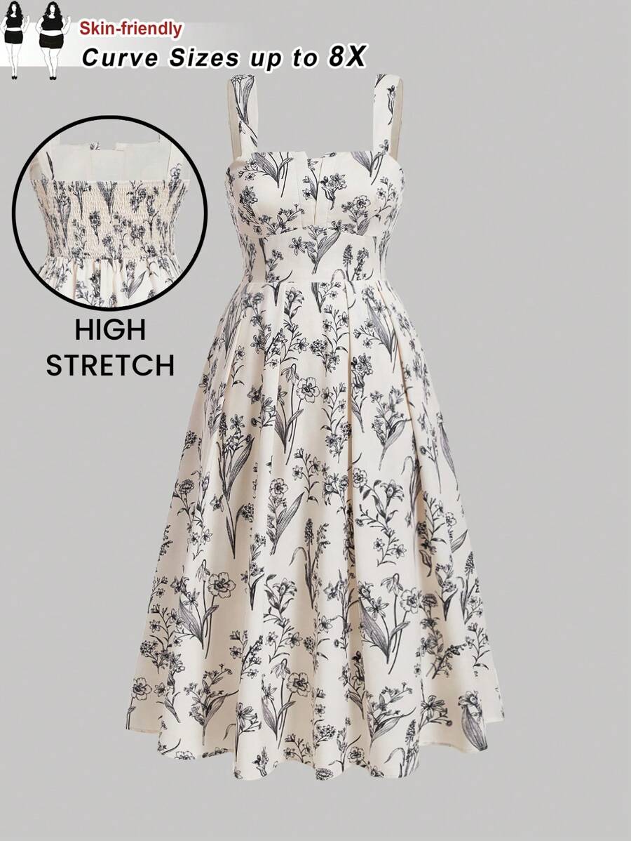 SHEIN CURVE+ Plus Size Apricot Base Black Retro Printed Maxi Dress With Adjustable Spaghetti Straps, Flared Hem, Suitable For Holiday And Summer Wear Boho Vacation,Beach Dress Sundress,Holiday Outfits - Multicolor - View 1