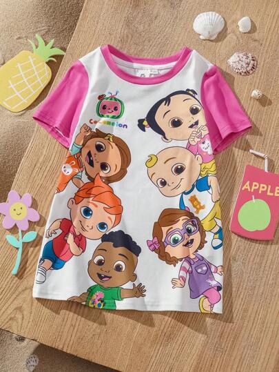 CoComelon X SHEIN Baby Girl Cute Watermelon Print White & Pink Casual Short Sleeve Dress