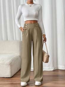 SHEIN Frenchy Women's Elegant Double-Button Straight-Leg Pants, Suitable For Commuting