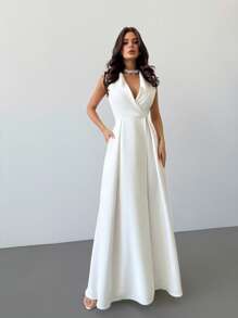Firerie 女士优雅简约婚纱，A 字形 V 领无袖缎面前开衩连衣裙 - 白色 - 查看 2