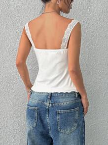 SHEIN EZwear 女士蕾丝边 V 领蝴蝶结细节褶皱修身吊带背心 - 白色 - 查看 2