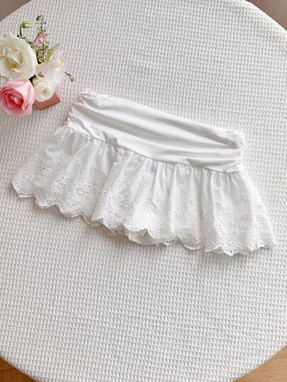 Comfortcana Women's Summer Valentine New  Embroidered Pleated White Short Skirt,With Shorts