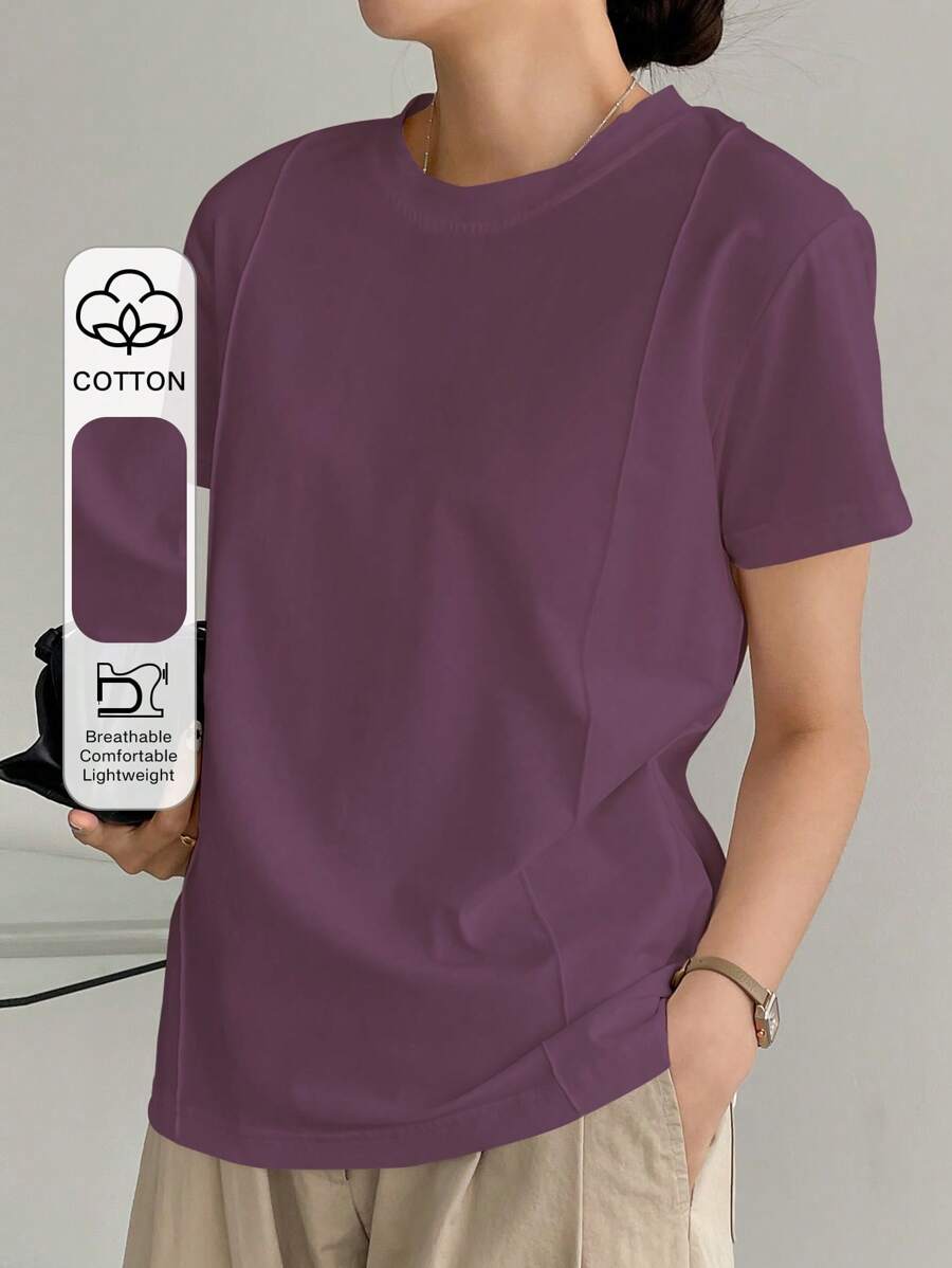 Dazy-Less Solid Color Round Neck Short Sleeve T-Shirt Summer Preppy Tops Business Casual Woman Work Clothes - Red Violet - View 1
