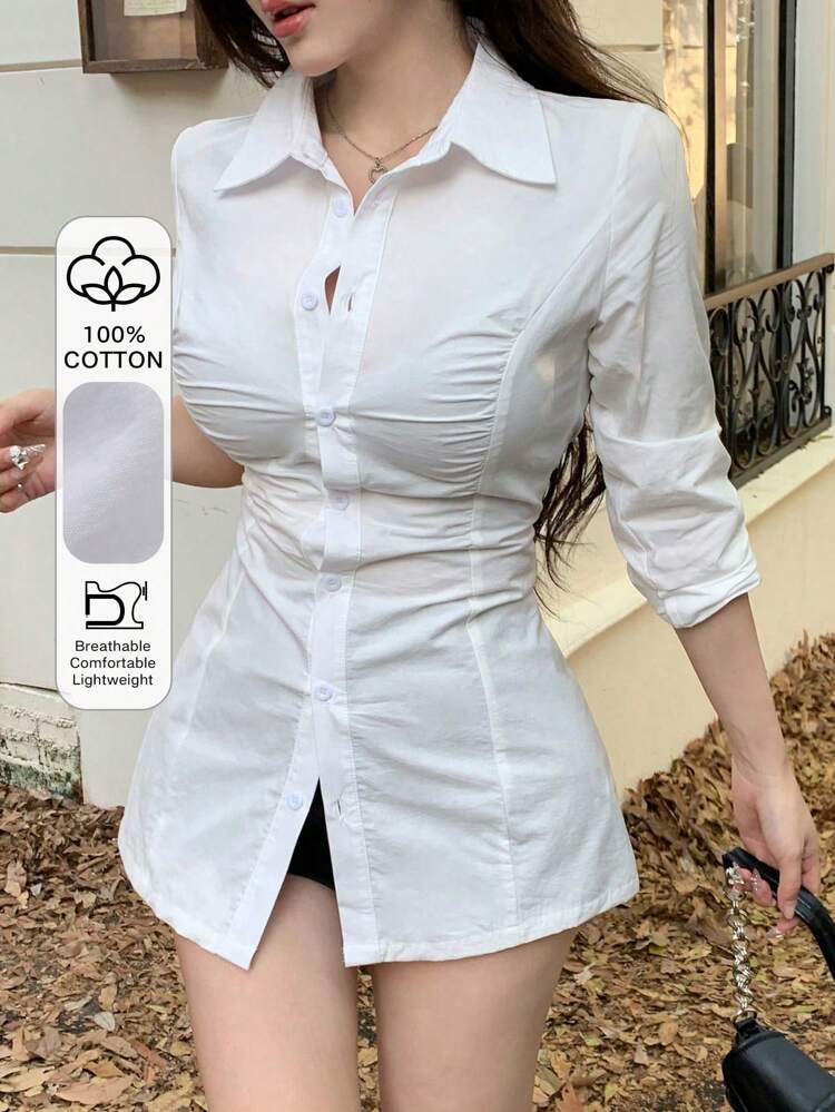 Women's Solid Color Pleated Casual Long Sleeve Shirt,Fall Clothes Preppy Tops