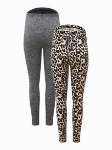SHEIN Adjustable Waist Maternity Leggings, Black And Leopard Print, 2-In-1 Pack - Grey - View 11