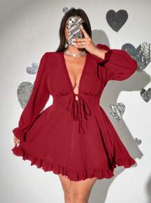 Viva Relle Plus Size Sexy Deep V-Neck Tie Front Ruffle Trim Dress,Valentine - Red - View 1