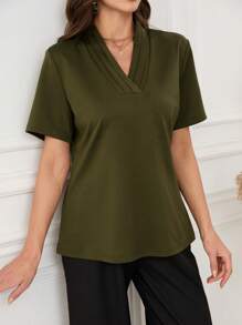 Women's Army Green Pleated V-Neck Loose Casual T-Shirt - Army Green - View 6