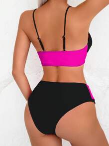 SHEIN Swim Spring Break Women Summer Beach Contrast Color Cross Backless Sexy Bikini Swimwear Set - Multicolor - View 2