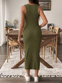 SHEIN Vestido casual de embarazo de unicolor con cuello redondo y ajustado - Verde militar - Ver 2