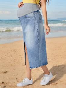 SHEIN Pregnant Women Solid Color Patchwork Pocket Simplex Casual Denim A-Line Skirt - Light Wash - View 5