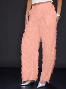 MUSERA Frayed Layered Slant Pockets Trousers Ibiza, Holiday, Club - Pink - View 4