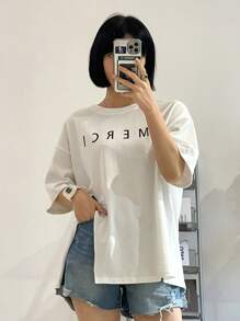 DAZY Letter Graphic Drop Shoulder Split Hem Tee Summer Oversized T-Shirt - White - View 7