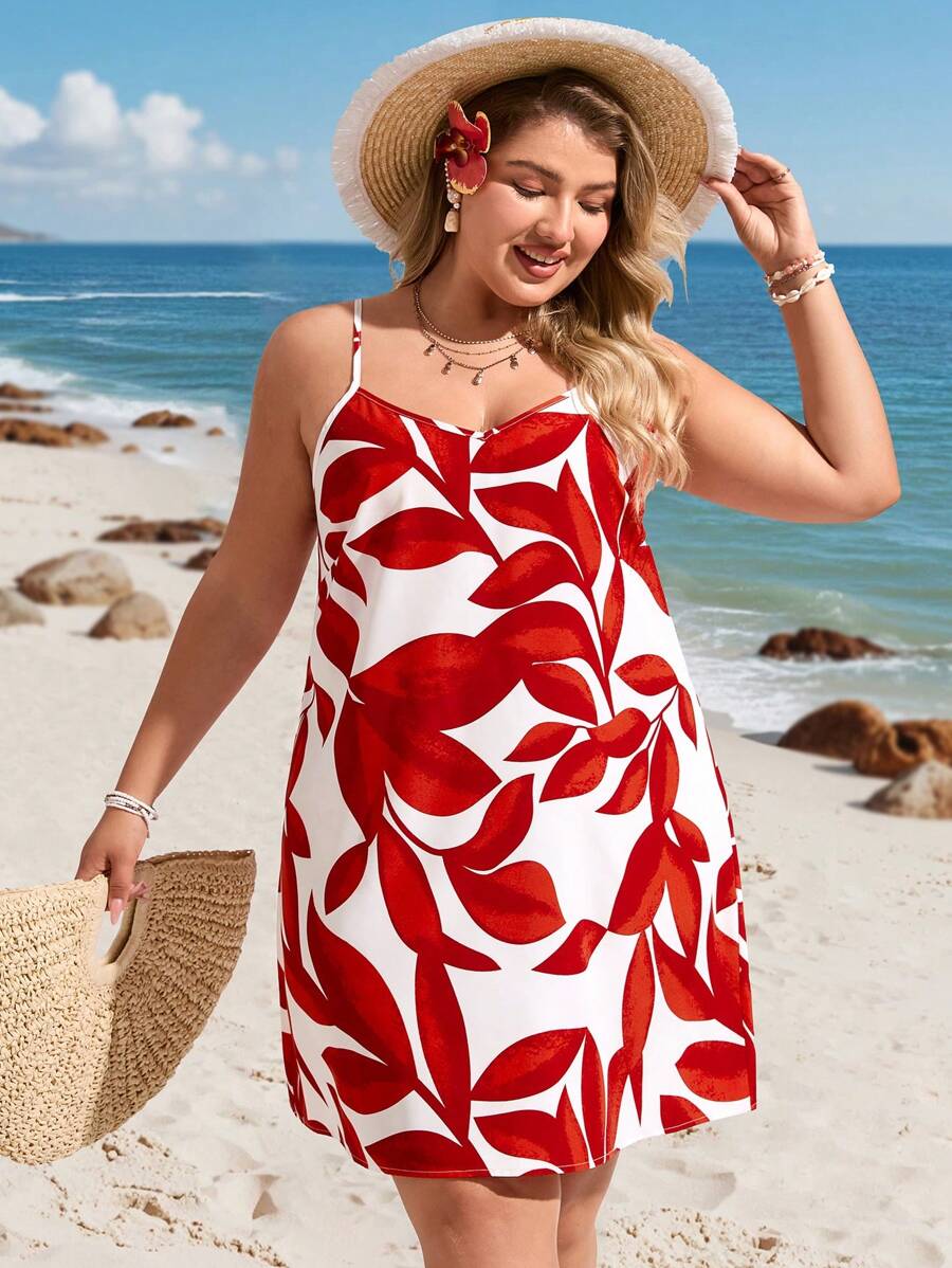 SHEIN VCAY Plus Size Vacation Tropical Island Casual Western Plant Shadow Print Spaghetti Strap V-Neck Short Loose Dress South Beach Outfits Summer Outfits For Women European Summer Western Wear Women Cute Summer Outfits Beach Outfits Boho Women Clothing Vacation Outfits Woman Resort Wear Women Hippie Clothes For Women Easter Outfit Women Rave Outfits Country Concert Outfit Nashville Outfits Outfits Ibiza Outfits Old Money,Beach Dress Sundress,Holiday Outfits - Red and White - View 1