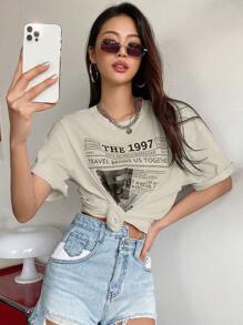 DAZY Figure & Letter Graphic Drop Shoulder Tee THE 1997 LET'S SEE WHAT HAPPENED TRAVEL BRINGS US TOGETHER Oversized T-Shirt - Khaki - View 3