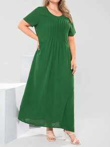EMERY ROSE Plus Size Women Solid Color Round Neck Short Sleeve Pocketed Pleated Casual Dress Spring Outfits For Women Bridal Shower Dress White Elegant Sage Green