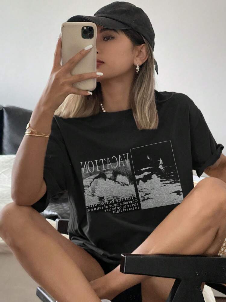 Loose Short Sleeve Round Neck Women's T-Shirt With Letter Print Summer Graphic Tee Oversized T-Shirt Preppy Tops