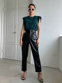 DAZY Solid Color Round Neck Sleeveless Padded Shoulder Women's T-Shirt Y2k Summer