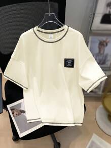 SHEIN Tween Boy Casual Cool Kids Letter Printed Round Neck Oversized Knit T-Shirt With Patch - Apricot - View 2