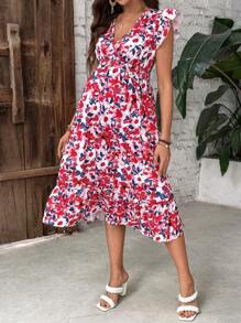 SHEIN Abito con scollo a V, stampa floreale, volant lungo l'orlo, taglio a trapezio, per gravidanza, vacanze e casual