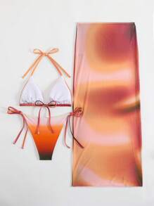 Swim SXY 3 件套女士海滩夏季渐变色随机印花吊带上衣、性感长裙和比基尼泳装套装 - 橘色 - 查看 2