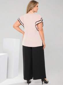 EMERY ROSE 2pcs/Set Plus Size Women 3D Flower Decor Ruffle Sleeve Shirt & Wide Leg Pants Set Elegant Outfit Women Plus Summer Set