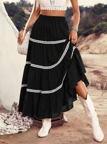 LanaWest Women's Country Music Festival Ruffle Design Patchwork Black A-Line Skirt