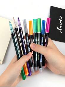 SHEIN 8/12/24/36/48 Couleurs de stylos de contour double ligne, marqueurs métalliques d'auto-contour, stylos scintillants pour écriture et dessin, pour cartes de Noël, artisanat DIY