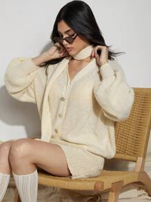 COSMINA Women's Casual Solid Color Dropped Shoulder Lantern Sleeve Cardigan - Apricot - View 6